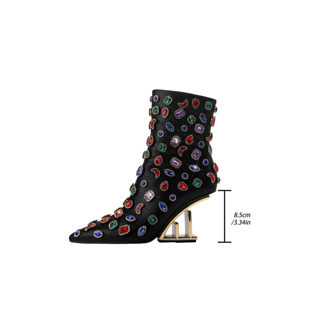 Retro Gem Encrusted Stonehenge Heel Black Ankle Boots