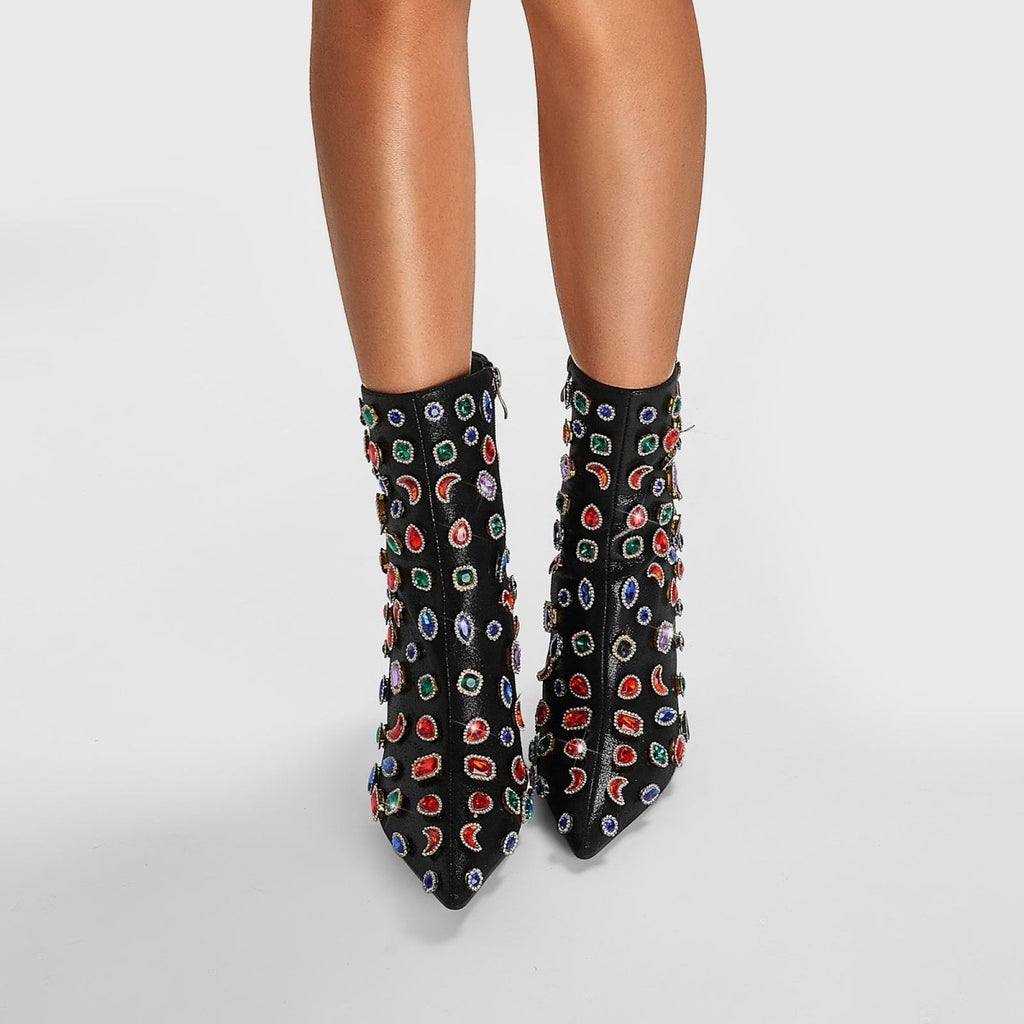 Retro Gem Encrusted Stonehenge Heel Black Ankle Boots