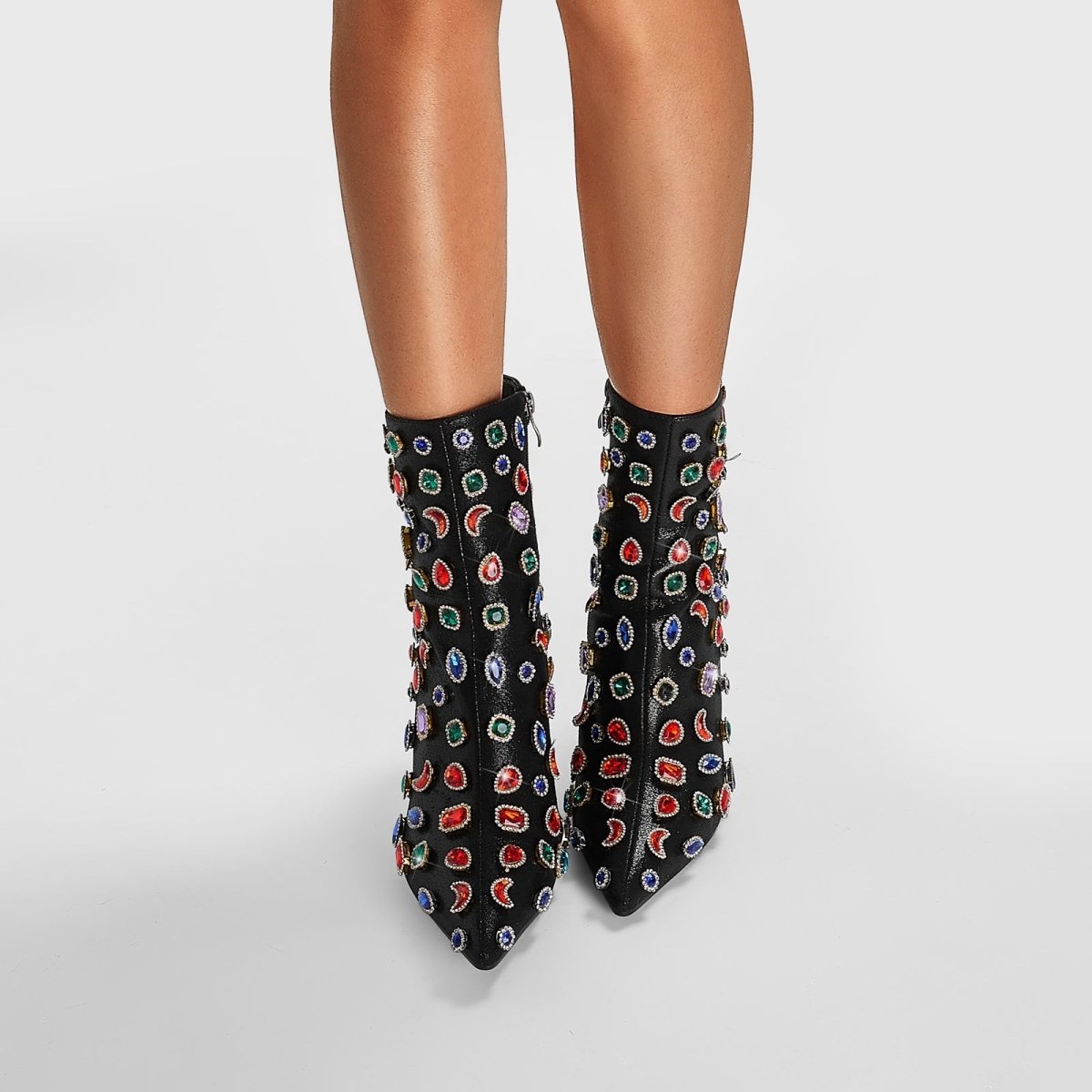 Retro Gem Encrusted Stonehenge Heel Black Ankle Boots