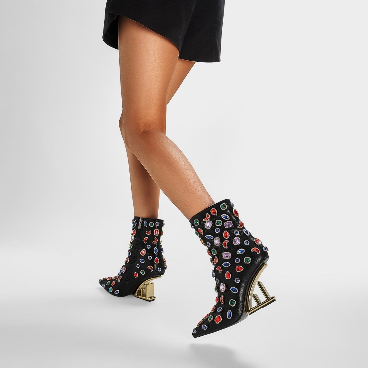 Retro Gem Encrusted Stonehenge Heel Black Ankle Boots