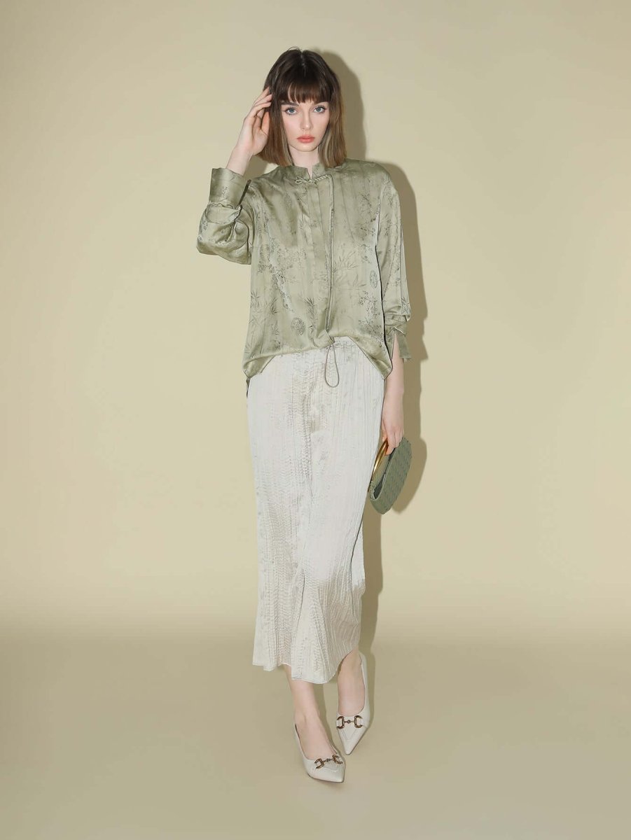 Satin Champagne Pleated Flowing A-Line Skirt