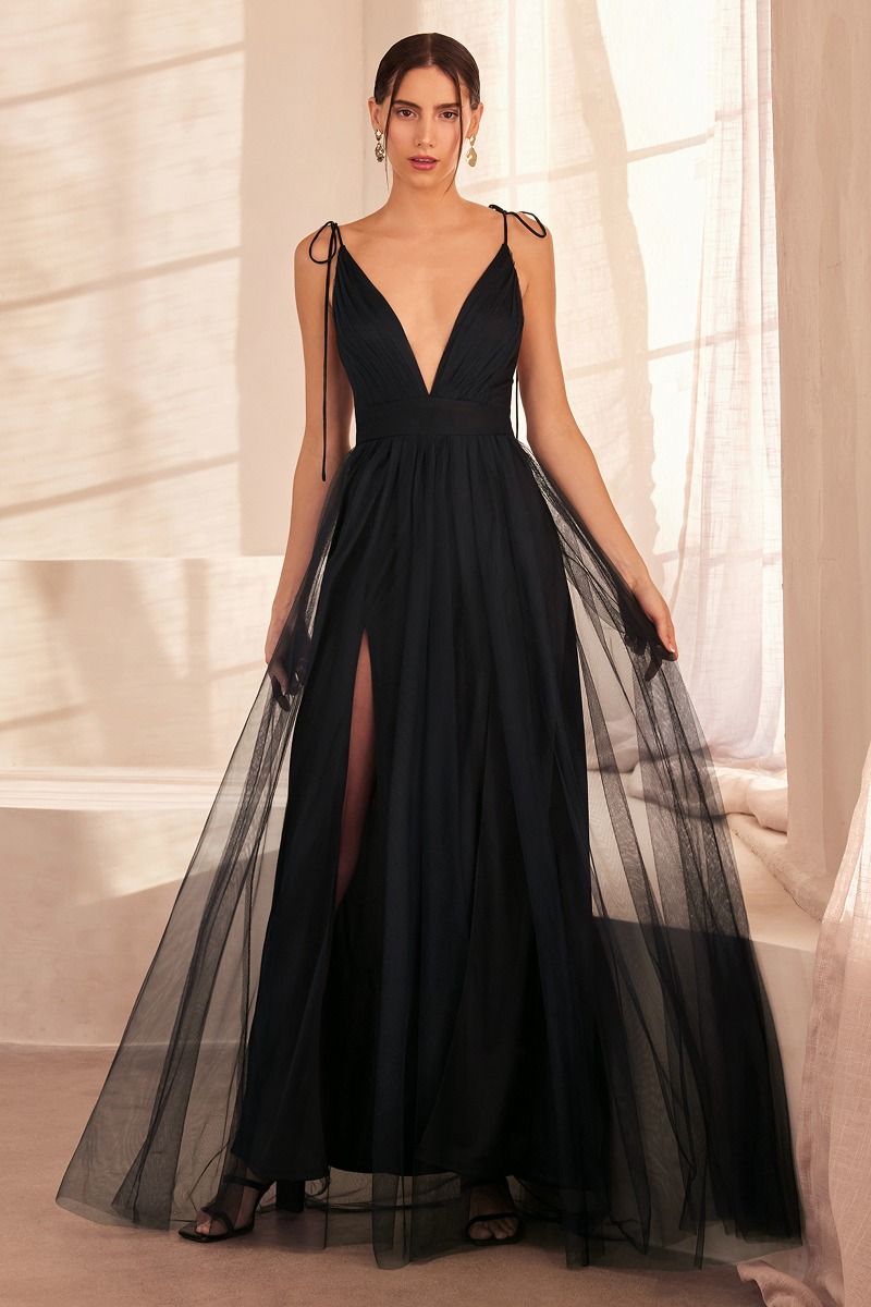 Sleeveless A-Line Special Occasion Tulle Gown w/ Plunging Neckline & Tied Shoulder Straps CDSE005