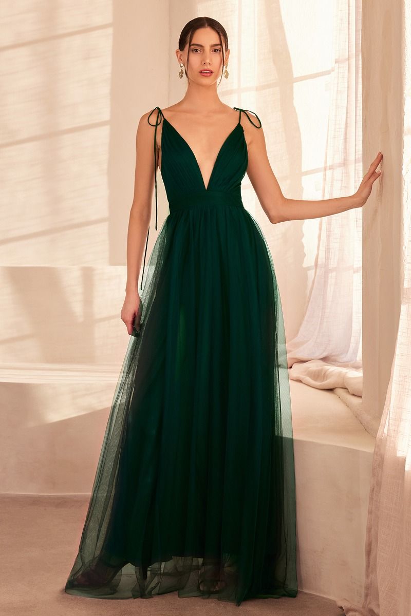 Sleeveless A-Line Special Occasion Tulle Gown w/ Plunging Neckline & Tied Shoulder Straps CDSE005