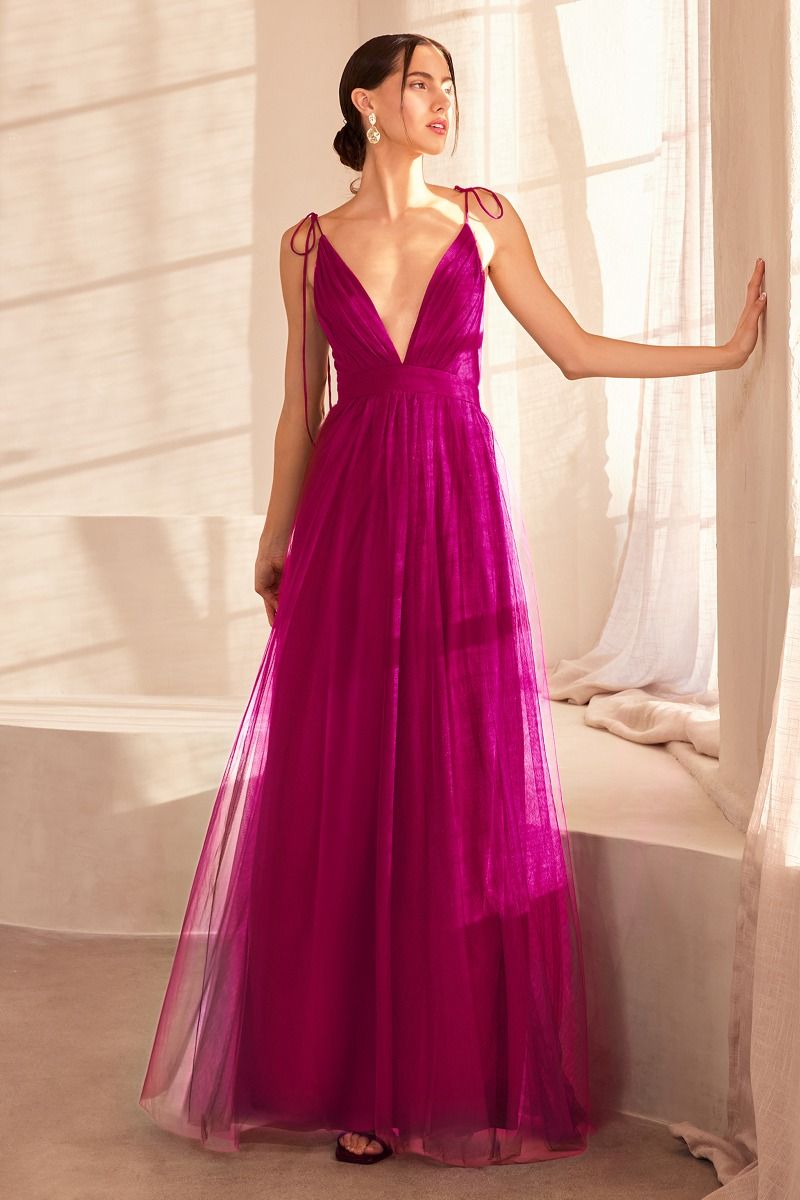 Sleeveless A-Line Special Occasion Tulle Gown w/ Plunging Neckline & Tied Shoulder Straps CDSE005