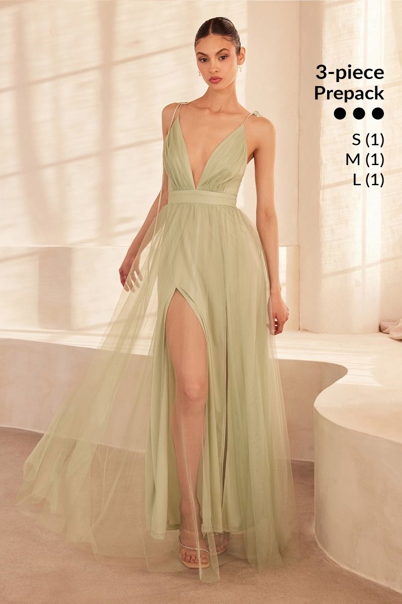 Sleeveless A-Line Special Occasion Tulle Gown w/ Plunging Neckline & Tied Shoulder Straps CDSE005