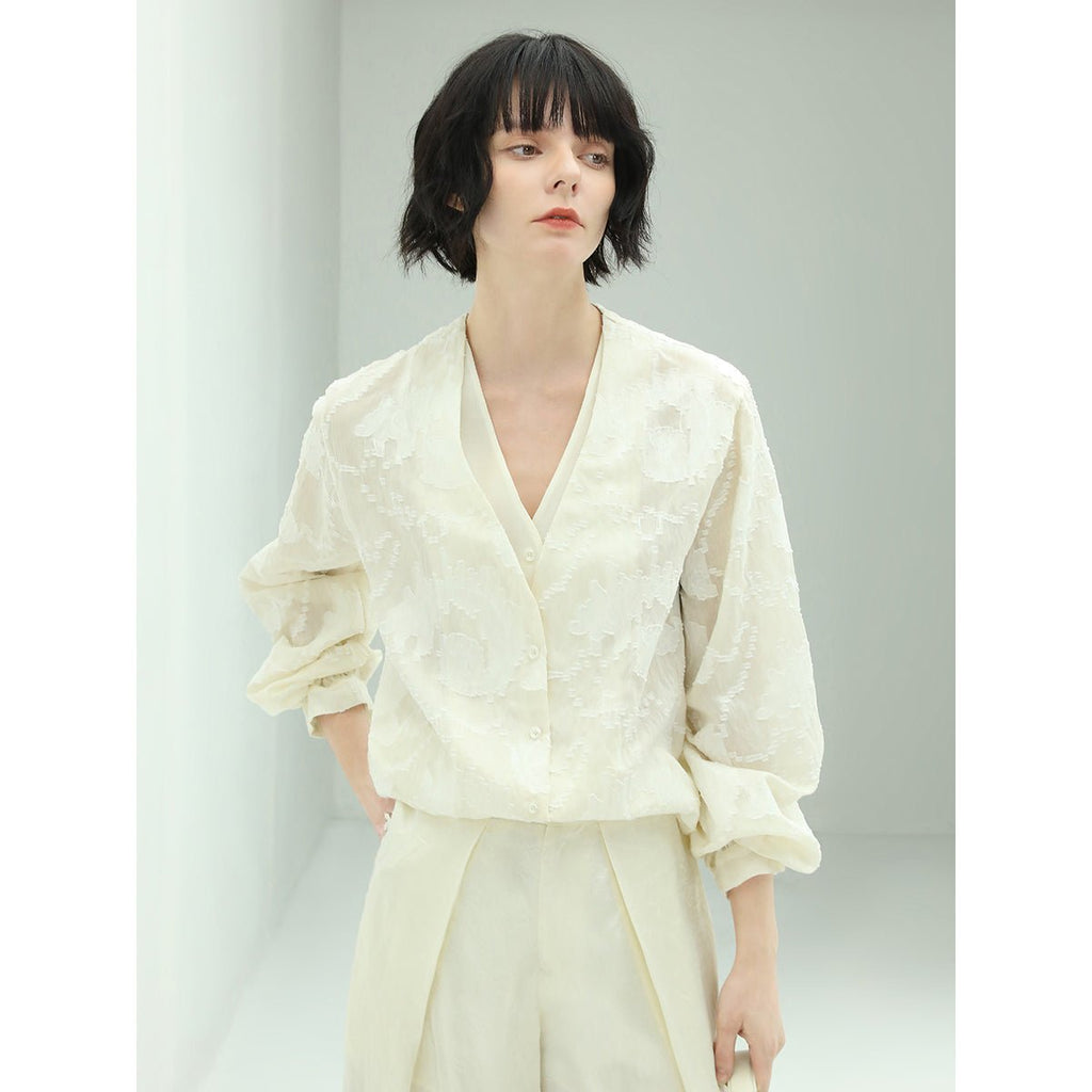 Sheer Floral Ivory Lace Long Sleeve Shirt