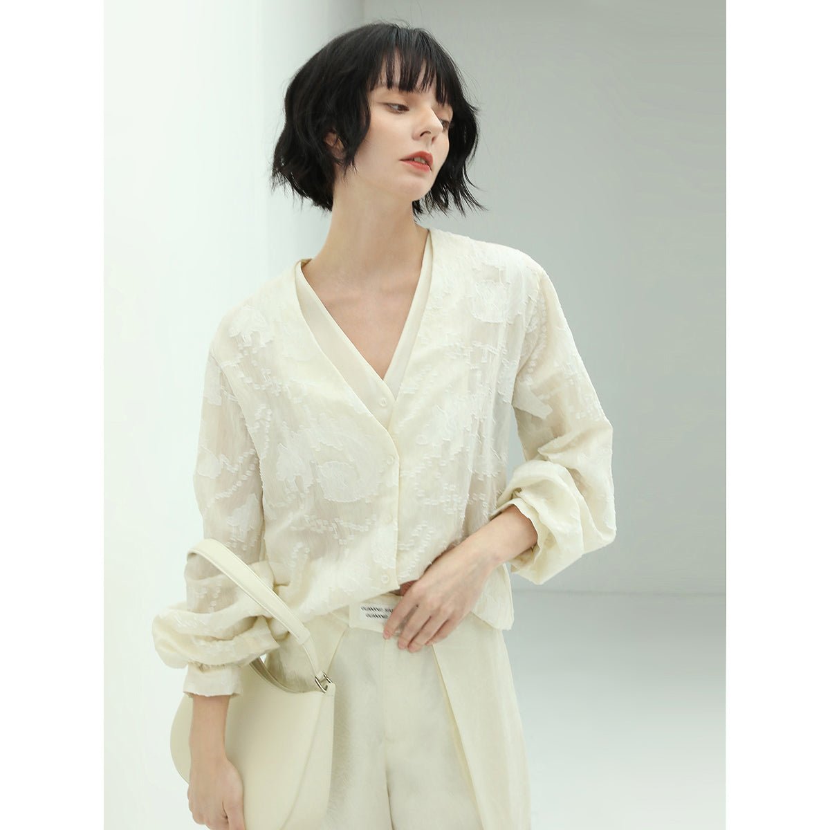 Sheer Floral Ivory Lace Long Sleeve Shirt