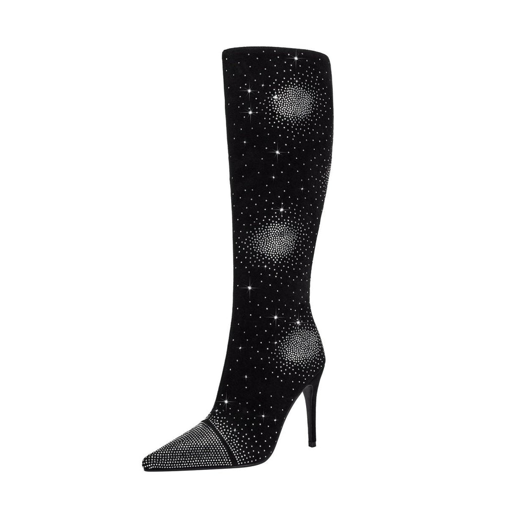 Silver Crystal Burst Black Pointed Knee High Boots