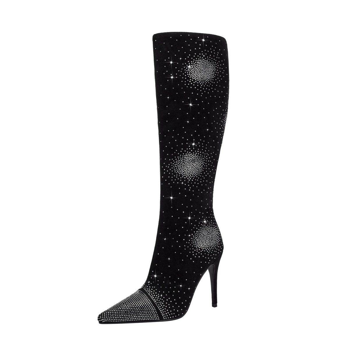 Silver Crystal Burst Black Pointed Knee High Boots