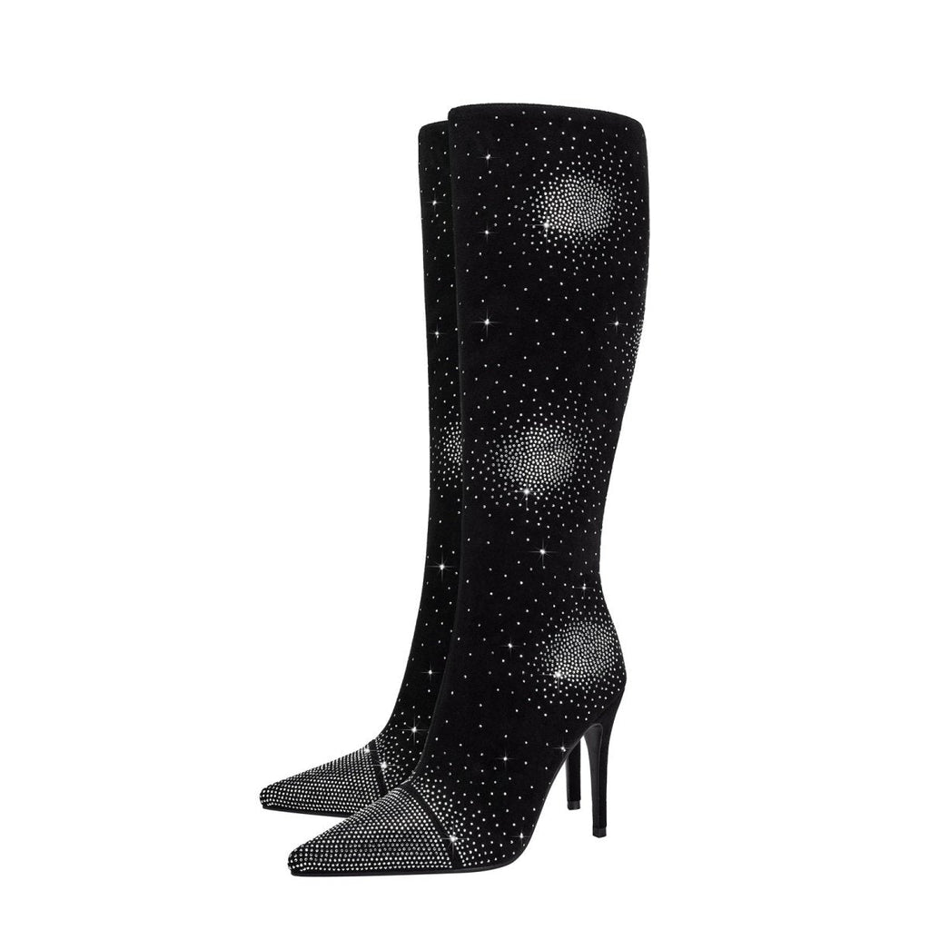 Silver Crystal Burst Black Pointed Knee High Boots