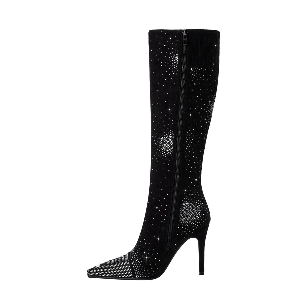 Silver Crystal Burst Black Pointed Knee High Boots