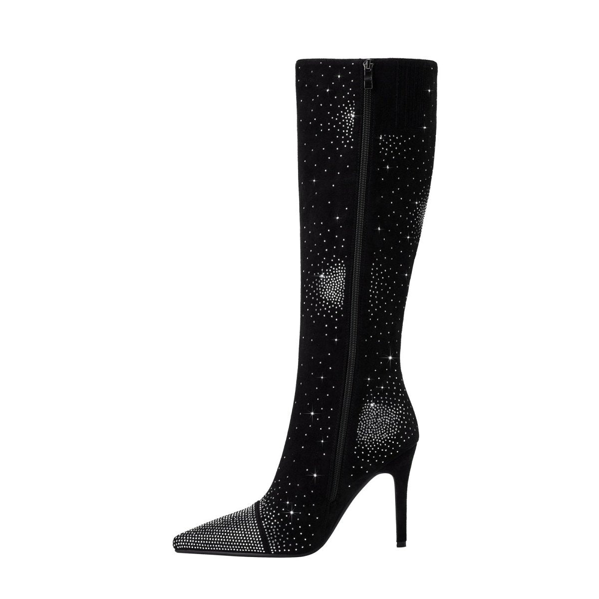 Silver Crystal Burst Black Pointed Knee High Boots