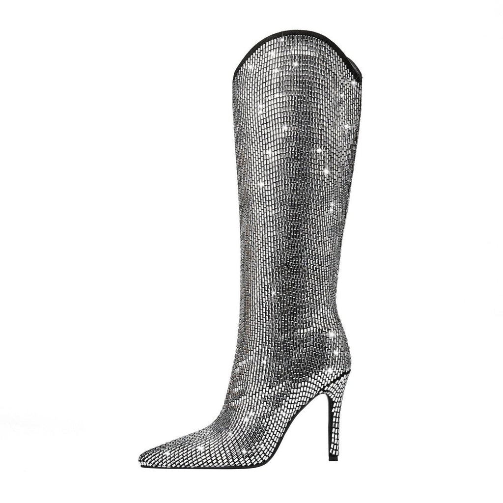 Silver Encrusted Metallic Knee High Boots