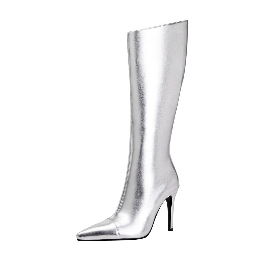 Sleek Silver Metallic Pointed Knee High Boots