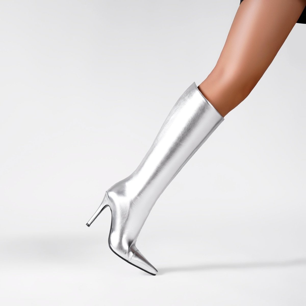 Sleek Silver Metallic Pointed Knee High Boots