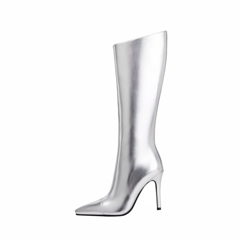 Sleek Silver Metallic Pointed Knee High Boots