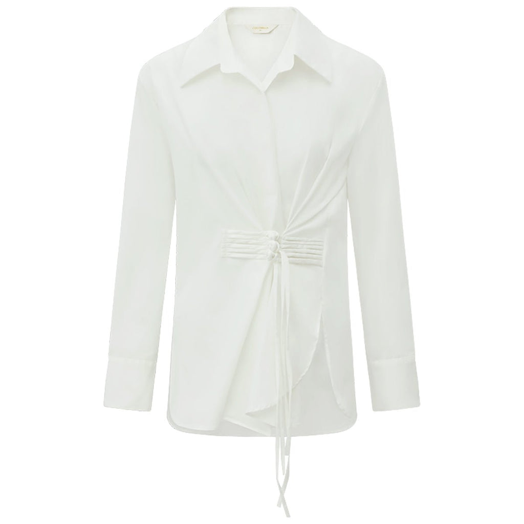 Suave Asymmetrical Hem Knot Buckled White Shirt