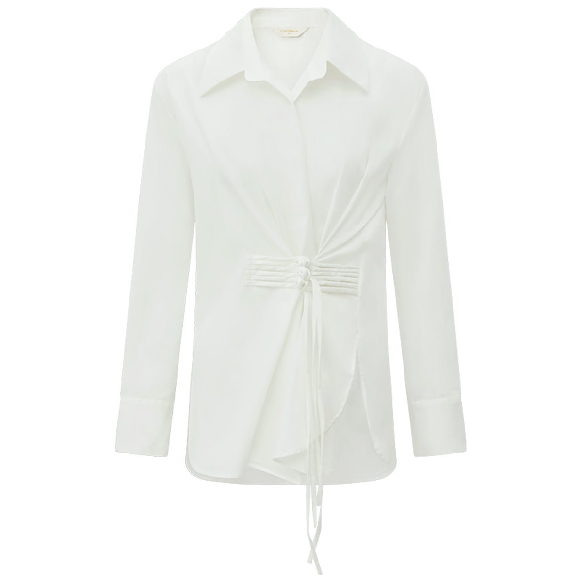 Suave Asymmetrical Hem Knot Buckled White Shirt