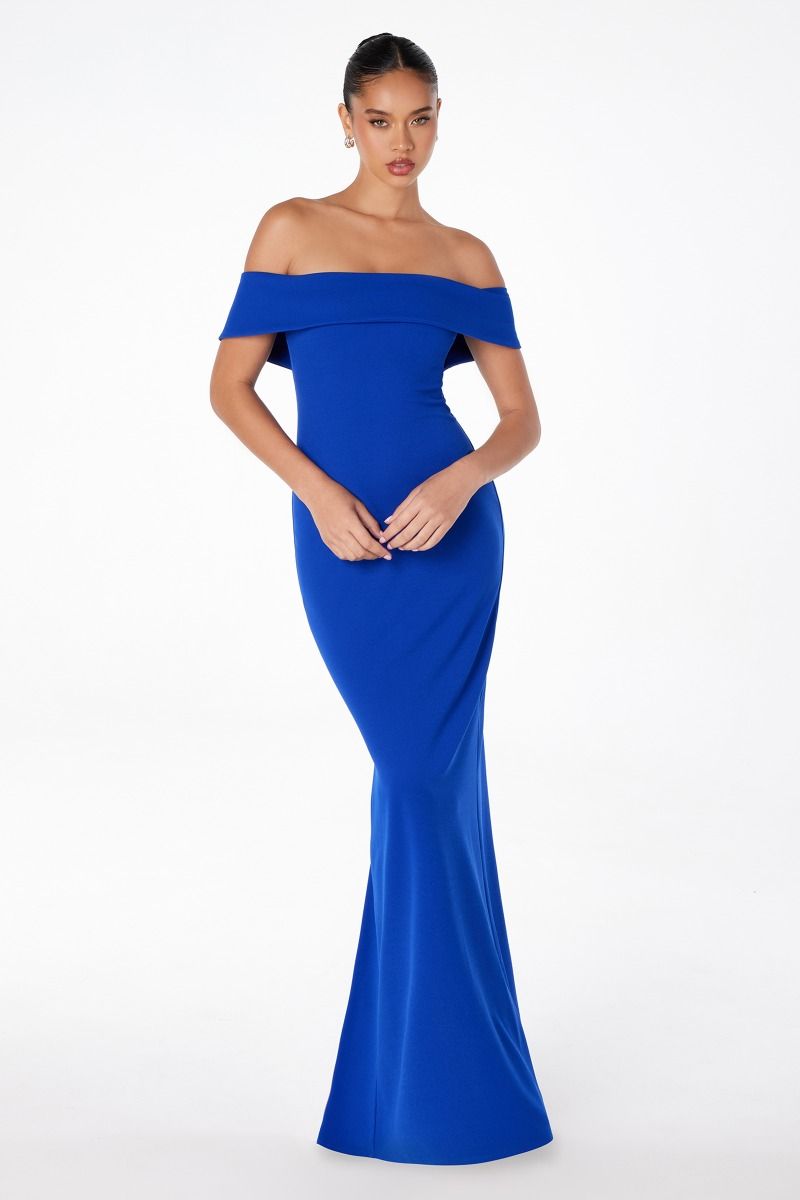 Off-Shoulder Long Evening Dress with Cap Sleeves – Red, Black, Blue CDT2011P