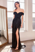 Romantic Off The Shoulder Sheath Gown w/ Leg Slit & Gathered Waistline CDT605