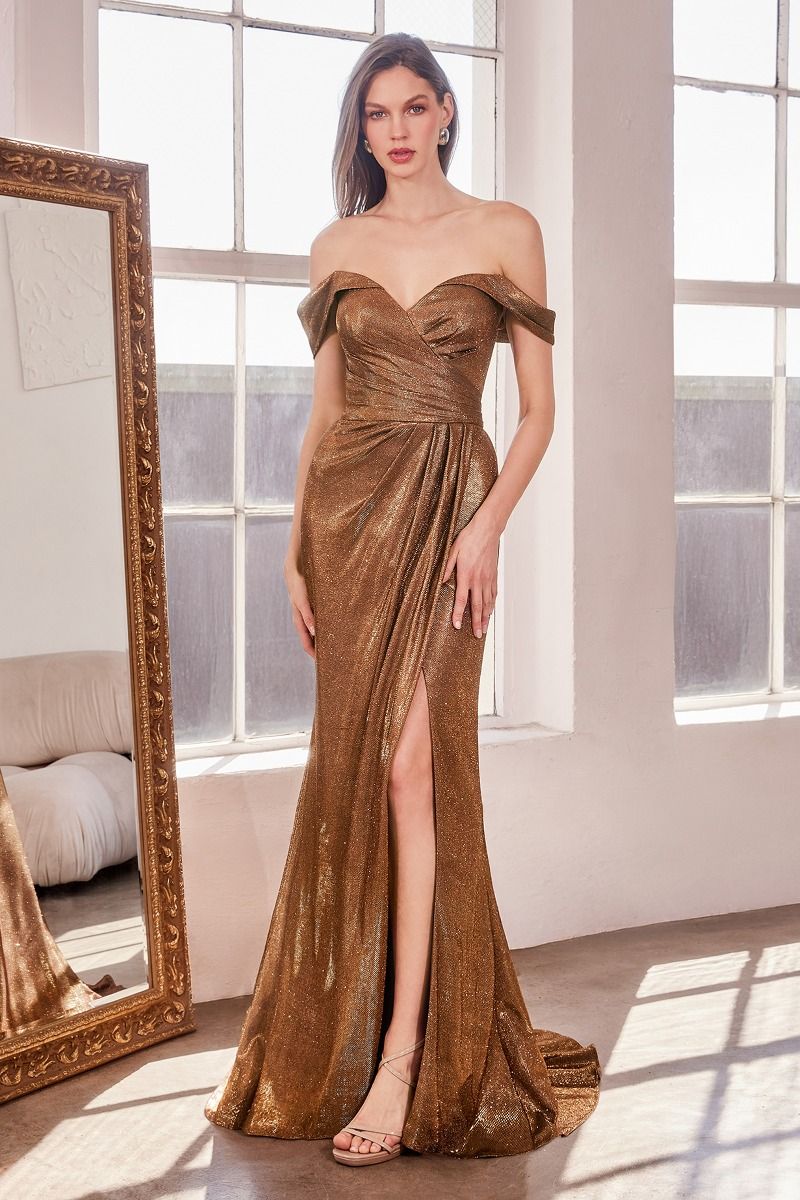 Romantic Off The Shoulder Sheath Gown w/ Leg Slit & Gathered Waistline CDT605