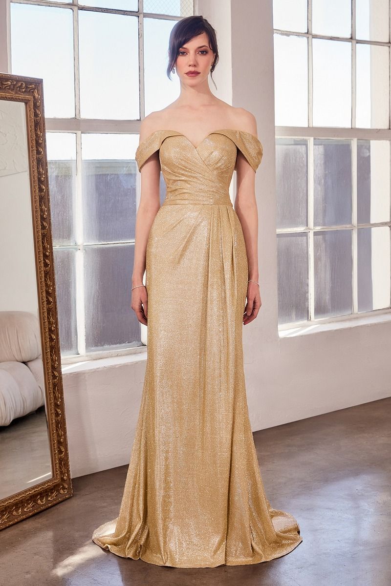 Romantic Off The Shoulder Sheath Gown w/ Leg Slit & Gathered Waistline CDT605