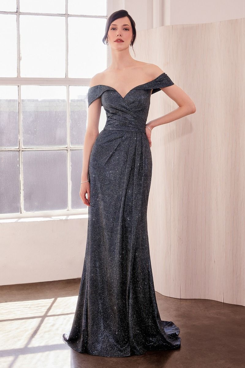 Romantic Off The Shoulder Sheath Gown w/ Leg Slit & Gathered Waistline CDT605