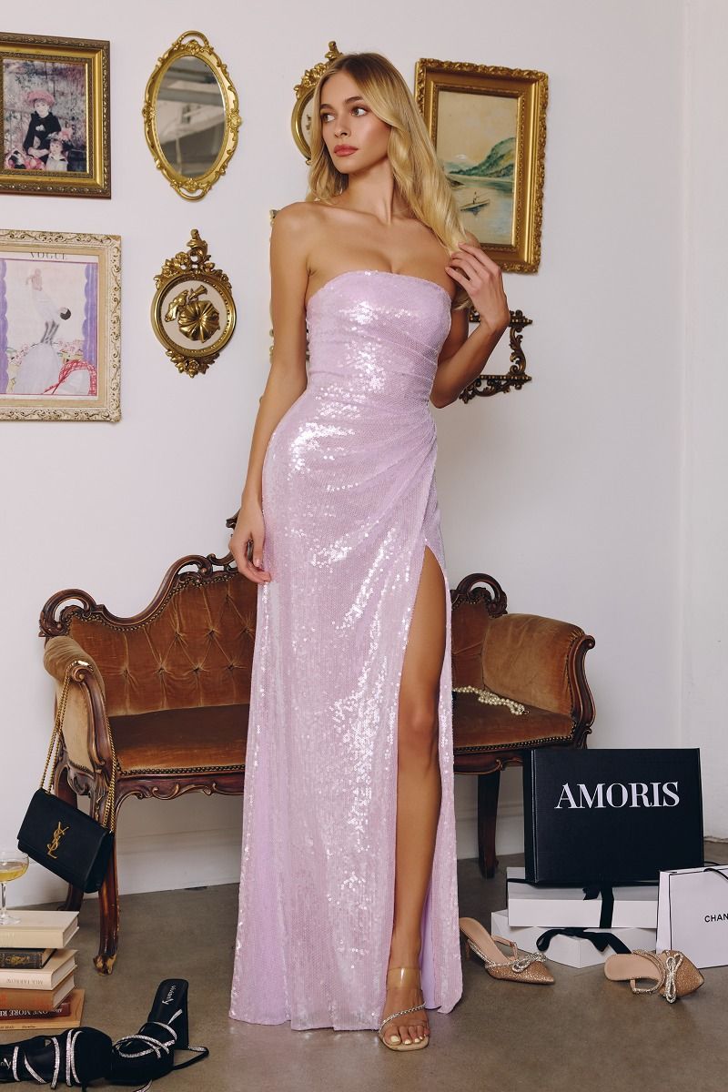 Strapless Sequin Prom Evening Gown Fitted Formal Dress with Draped Waist CDT724