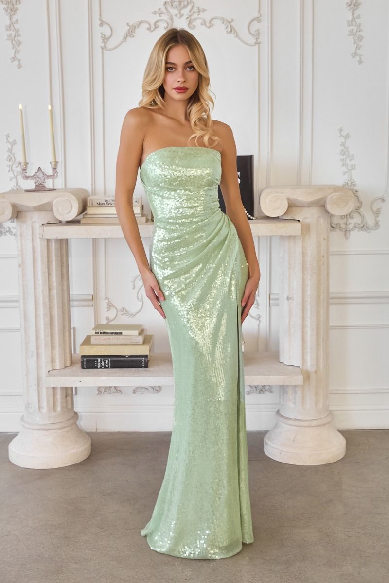 Strapless Sequin Prom Evening Gown Fitted Formal Dress with Draped Waist CDT724