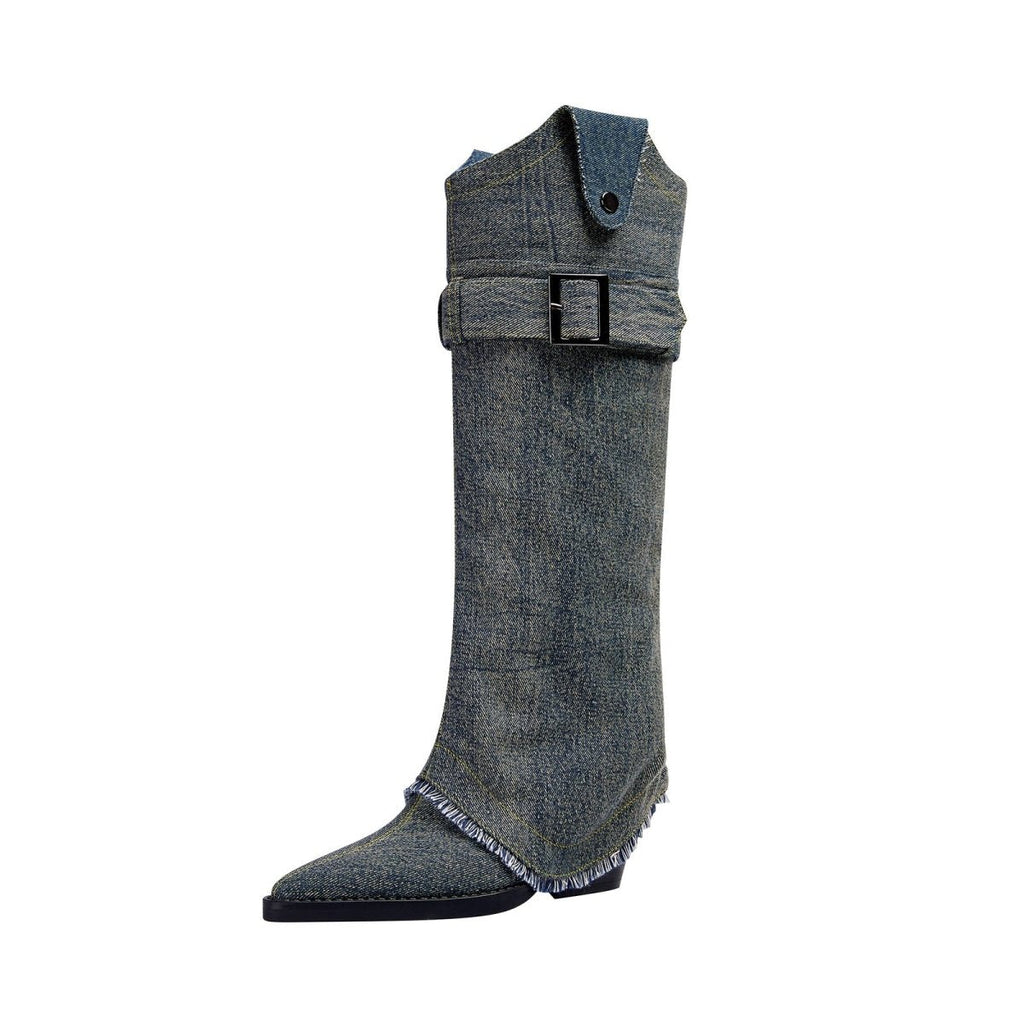 Washed Out Denim High Boots with Detachable Sleeves