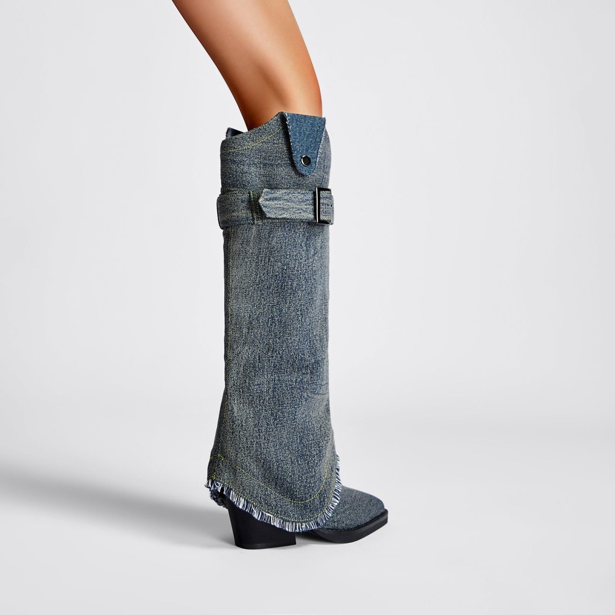 Washed Out Denim High Boots with Detachable Sleeves