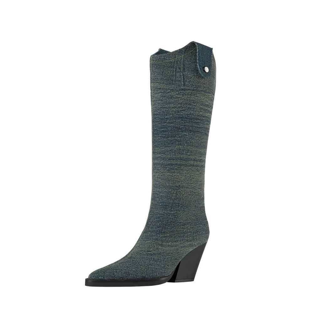 Washed Out Denim High Boots with Detachable Sleeves