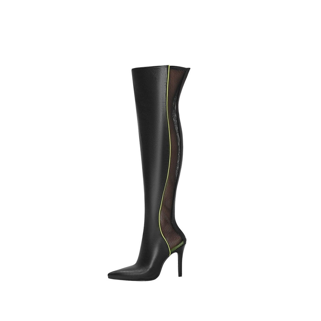 Wave Mesh Pointed Toe Leather Knee High Boots