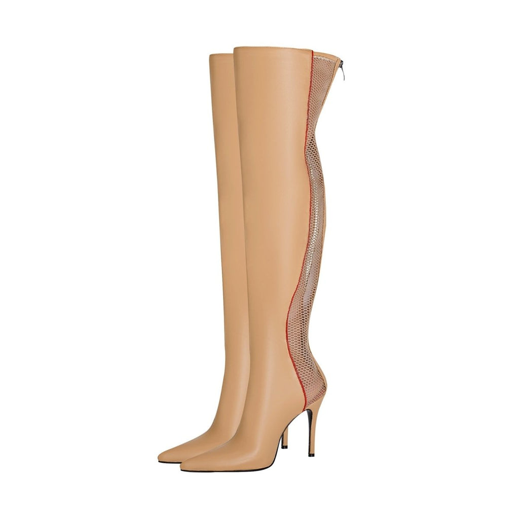 Wave Mesh Pointed Toe Leather Knee High Boots