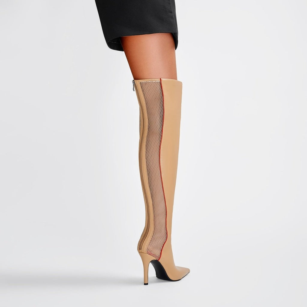 Wave Mesh Pointed Toe Leather Knee High Boots