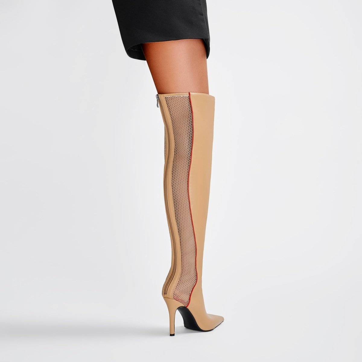 Wave Mesh Pointed Toe Leather Knee High Boots