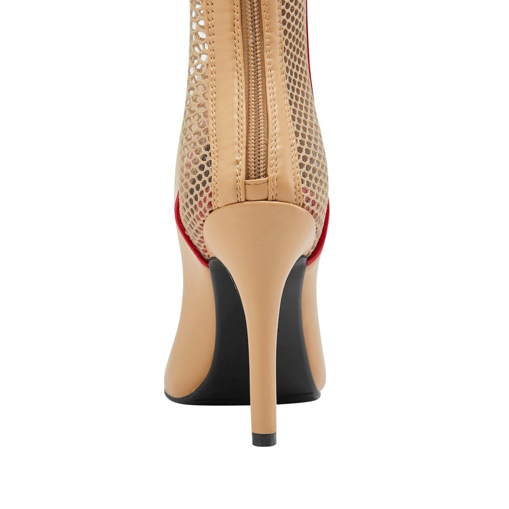 Wave Mesh Pointed Toe Leather Knee High Boots