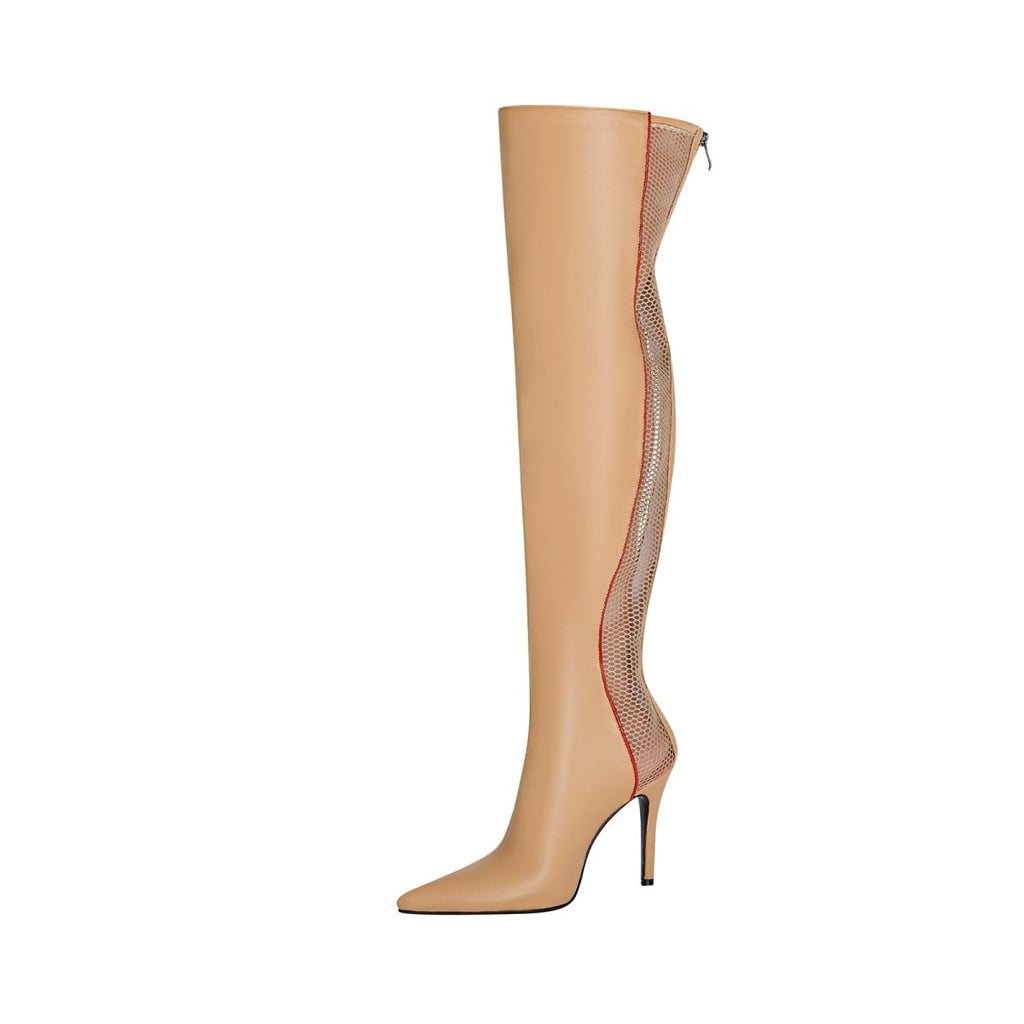 Wave Mesh Pointed Toe Leather Knee High Boots