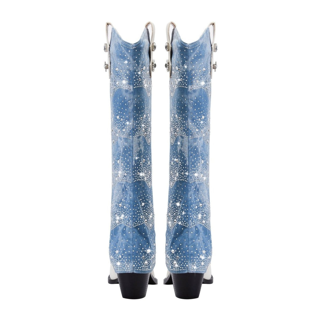 White and Denim Foldover Knee High Boots