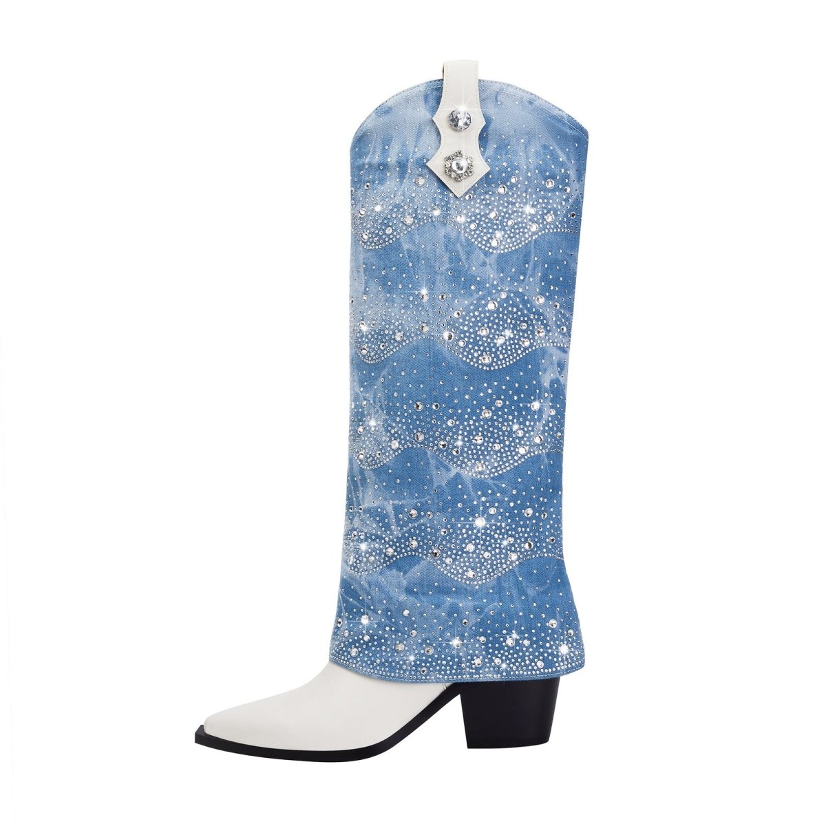White and Denim Foldover Knee High Boots