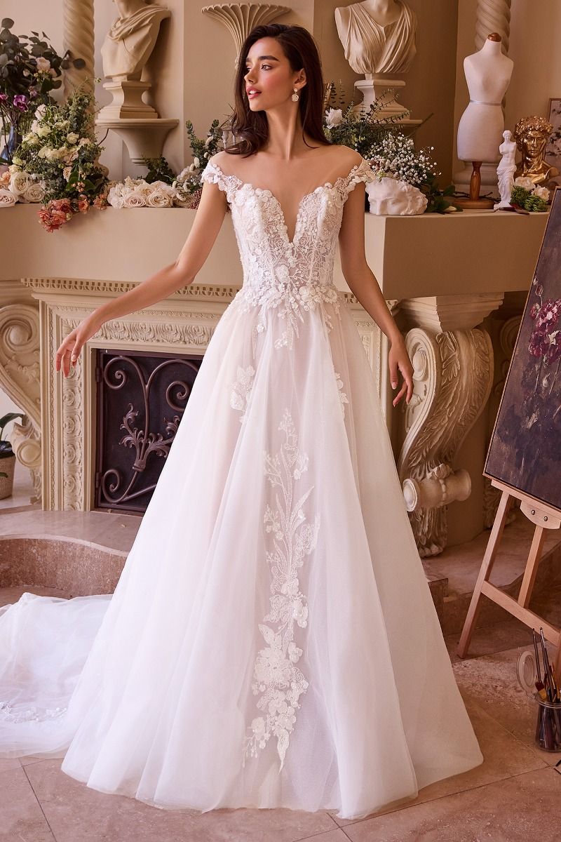 Off-the-Shoulder Lace Appliqué A-Line Wedding Dress – Romantic Tulle Bridal Gown