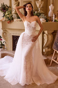 Floral Lace Embellished Off White Mermaid Wedding Gown w/ Corset Bodice & Voluminous Overskirt CDWL044